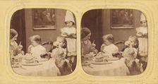 Children at table eating, mother scolding one of them, about 1860. Creator: Joseph John Elliott