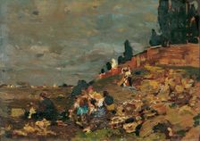 Children at the cemetery wall, 1888. Creator: Tina Blau