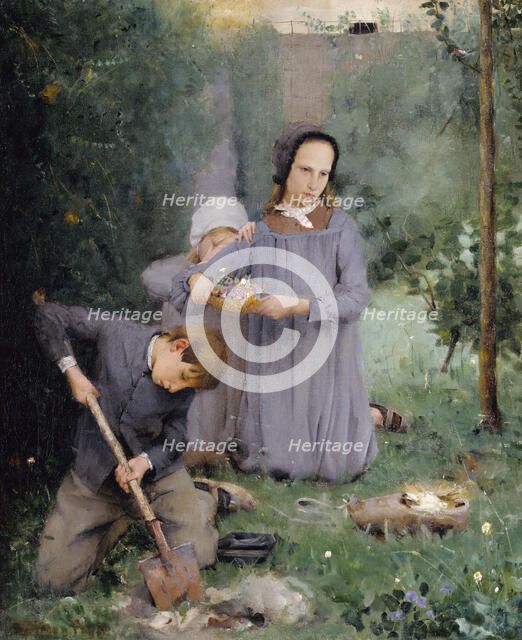 Children Burying a Bird, 1878. Creator: Julian Alden Weir.