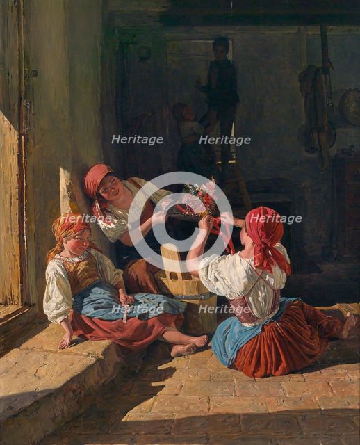 Children decorating a Conscript's hat, 1854. Artist: Waldmüller, Ferdinand Georg (1793-1865)