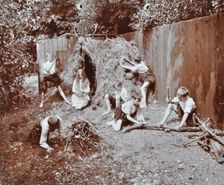 Children dressed as prehistoric cave dwellers, Birley House Open Air School, London, 1908