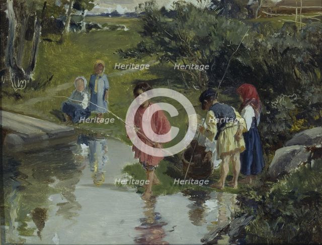 Children Fishing, 1882. Artist: Pryanishnikov, Illarion Mikhailovich (1840-1894)