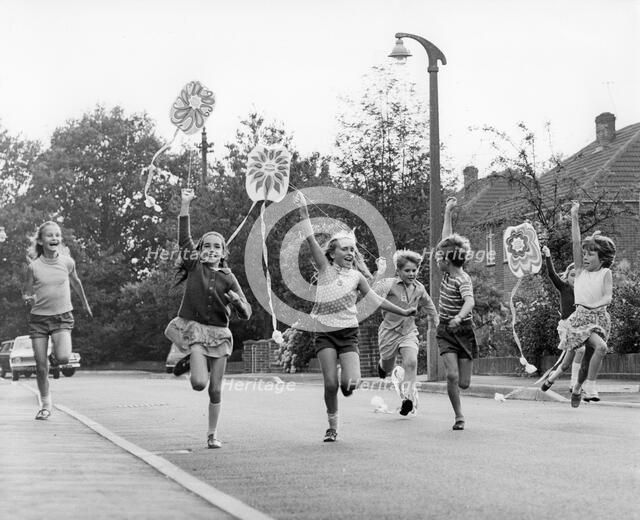 Children flying kites, Horley, Surrey, c1965-1975(?).