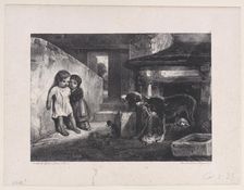 Children Frightened by Snarling Dog, from the series Hunting Scenes, 1829. Creator: Alexandre Gabriel Decamps