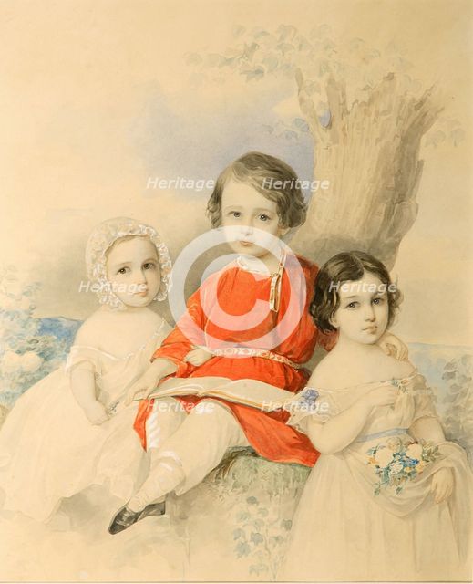 Children in a landscape, 1840s. Creator: Hau (Gau), Vladimir Ivanovich (1816-1895).