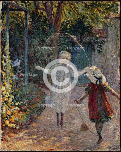 Children jumping rope in garden. Creator: Lebasque, Henri (1865-1937).