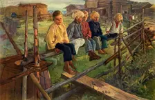 Children on a Fence (Sparrows) 1883, (1965). Creator: Illarion Pryanishnikov