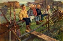 Children on a Fence (Sparrows) 1883, (1965). Creator: Illarion Pryanishnikov
