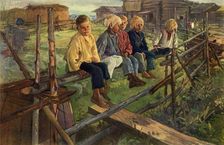 Children on a Fence (Sparrows) 1883, (1965). Creator: Illarion Pryanishnikov