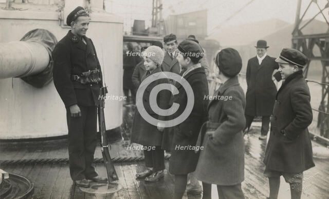 Children on board the Swedish armoured cruiser 'Fylgia' during its visit to Malmö, Sweden, 1929. Artist: Otto Ohm