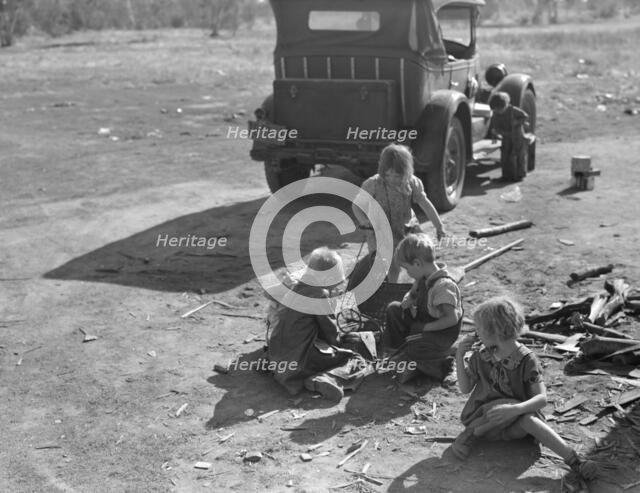 Children of migrant Oklahoma family, now living near Fresno, California, picking cotton, 1936. Creator: Dorothea Lange.