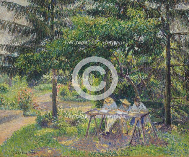 Children seated in the garden at Eragny (Enfants attablés dans le jardin à Eragny), 1892. Artist: Pissarro, Camille (1830-1903)