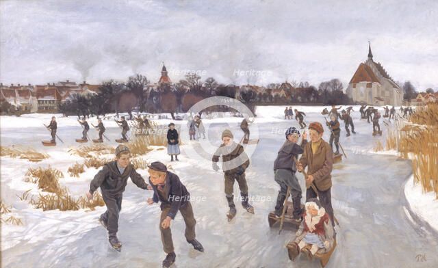Children skating outside Fåborg, 1901. Creator: Peter Hansen.