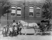Children studying a horse and buggy outside the Tyler School, Washington, D.C., (1899?). Creator: Frances Benjamin Johnston