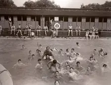 Children play in the swimming baths, York, Yorkshire, 1955