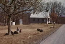 Children playing by road near school house, Kansas?, 1942 or 1943. Creator: John Vachon