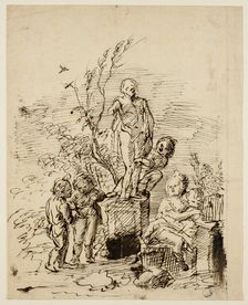 Children Playing near Statue in Garden, 1714/39. Creator: John Vanderbank