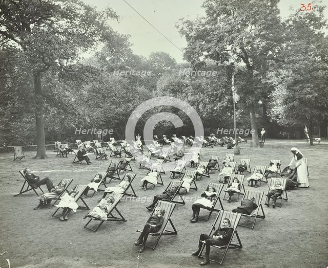 Children resting in deck chairs, Bostall Woods Open Air School, London, 1907.  Artist: Unknown.