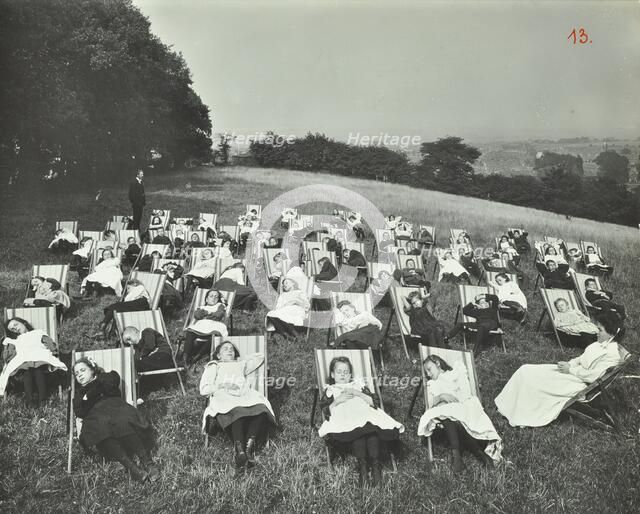 Children resting in deck chairs, Shrewsbury House Open Air School, London, 1908. Artist: Unknown.