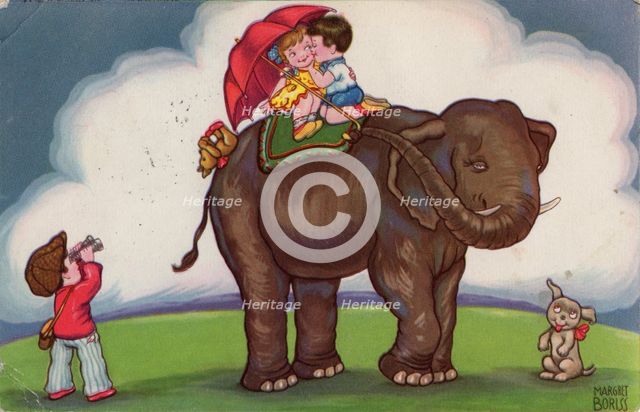 Children riding on an elephant, 1932. Creator: Margret Boriss.