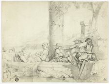 Children, Woman with Infant and Three Soldiers Sitting Among Ruins by Lake, n.d. Creator: George Cattermole