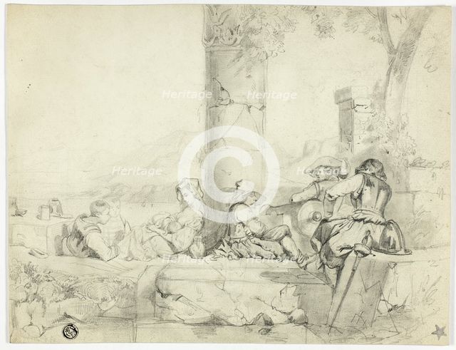 Children, Woman with Infant and Three Soldiers Sitting Among Ruins by Lake, n.d. Creator: George Cattermole.