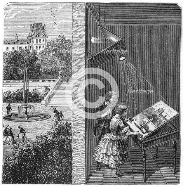 Children watching an outdoor scene through a camera obscura, 1887. Creator: Unknown.