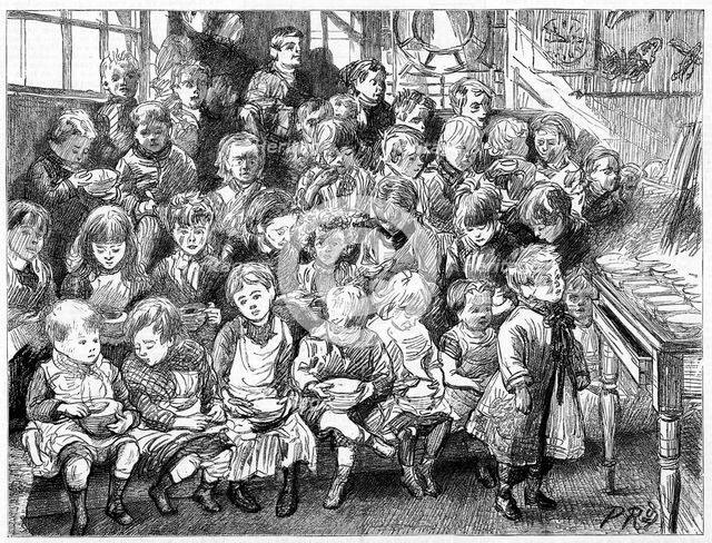 Children waiting for soup at dinner time, London Board School, Denmark Terrace, Islington, 1889. Artist: Unknown