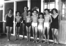 Children wearing swimming costumes and headdresses, Sweden, c1930-1959(?). Creator: Unknown