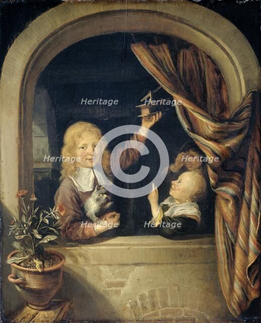 Children with a mousetrap, 1660-1676. Creator: Domenicus van Tol.