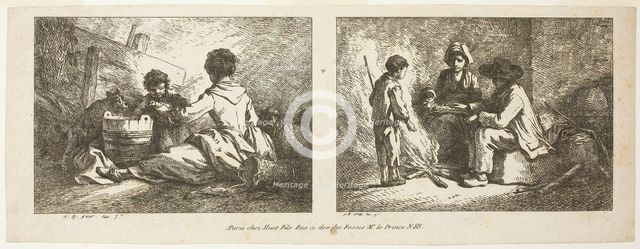 Children with a Dog and Sheep and Peasant Family by a Fire, n.d. Creator: Jean Baptiste Marie Huet.