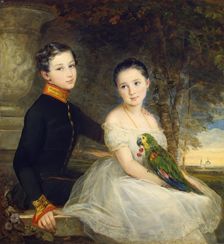 Children with a Parrot, 1850. Creator: Christina Robertson