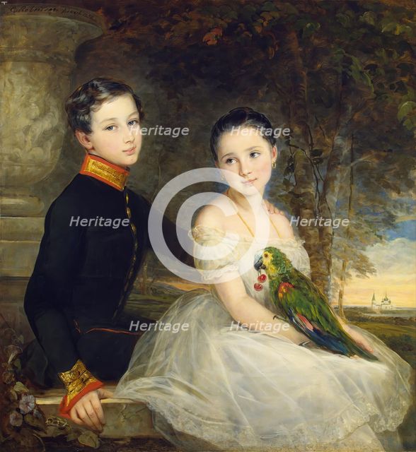 Children with a Parrot, 1850. Creator: Christina Robertson.