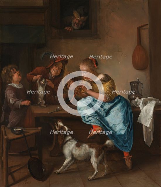 Children teaching a Cat to dance (The Dancing Lesson), Between 1660 and 1670. Artist: Steen, Jan Havicksz (1626-1679)