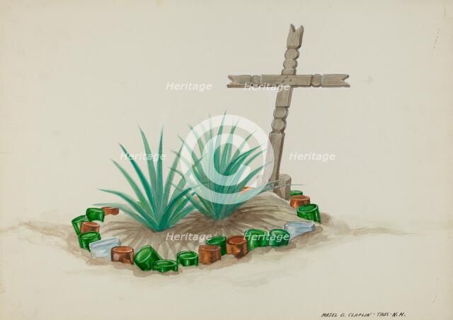 Child's Grave with Wooden Cross - Bottle Decorations, c. 1937. Creator: Majel G. Claflin.