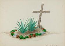 Child's Grave with Wooden Cross - Bottle Decorations, c. 1937. Creator: Majel G. Claflin