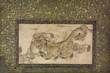 Chilins (Chinese Chimerical Creatures) Fighting with a Dragon, 16th century. Creator: Unknown