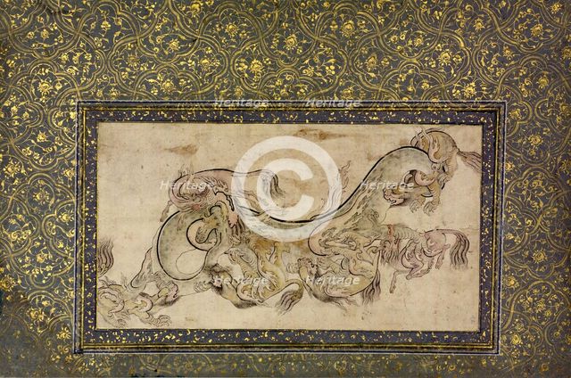 Chilins (Chinese Chimerical Creatures) Fighting with a Dragon, 16th century. Creator: Unknown.