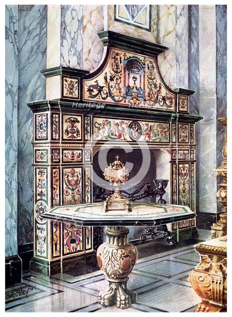 Chimneypiece and table in coloured Florentine mosaic, 1910. Artist: Edwin Foley