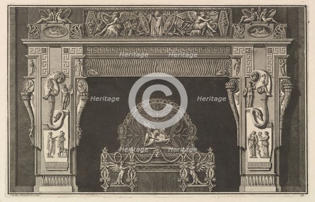 Chimneypiece: Frieze of trophies and winged Victories on the lintel, with cornucopias ..., ca. 1769. Creator: Giovanni Battista Piranesi.