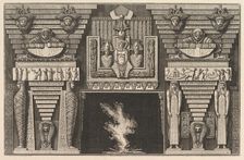 Chimneypiece in the Egyptian style: Two mummies in profile on the left and two figures..., ca. 1769. Creator: Giovanni Battista Piranesi