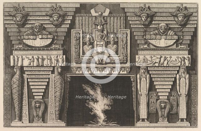Chimneypiece in the Egyptian style: Two mummies in profile on the left and two figures..., ca. 1769. Creator: Giovanni Battista Piranesi.