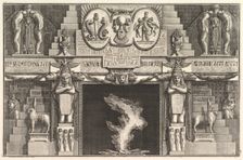 Chimneypiece in the Egyptian style: Groups of three female nudes at the base of each j..., ca. 1769. Creator: Giovanni Battista Piranesi