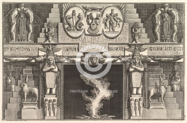Chimneypiece in the Egyptian style: Groups of three female nudes at the base of each j..., ca. 1769. Creator: Giovanni Battista Piranesi.