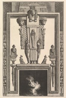 Chimneypiece in the Egyptian style: Mummy superimposed on a large caryatid above the linte..., 1769. Creator: Giovanni Battista Piranesi