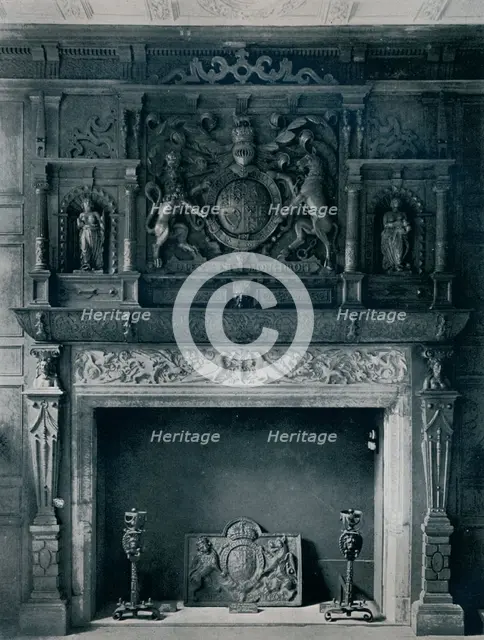 'Chimneypiece with Arms of James I, circa 1606: from the Old Palace, Bromley-By-Bow', 1945. Artist: Unknown.