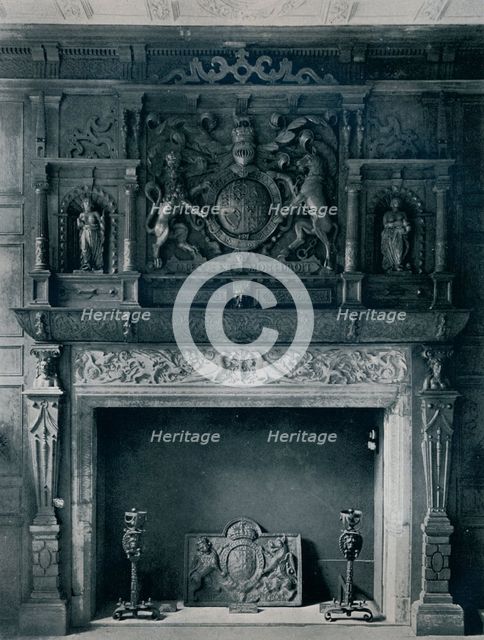 'Chimneypiece with Arms of James I, circa 1606: from the Old Palace, Bromley-By-Bow', 1945. Artist: Unknown.