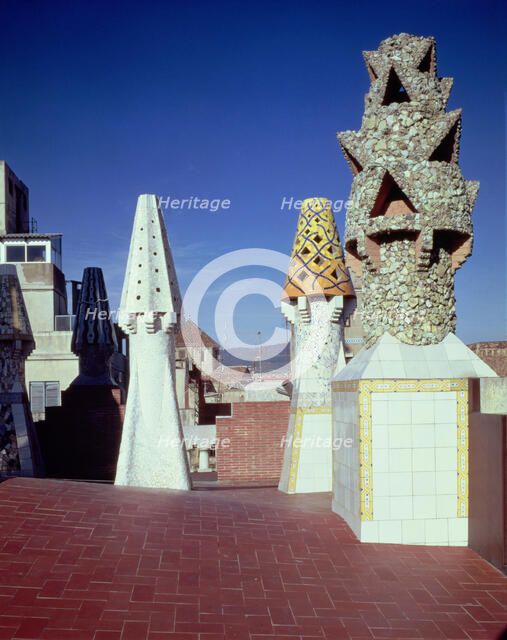 Chimneys on the east sector of the Güell Palace, 1886-1890, designed by Antoni Gaudí i Cornet, re…
