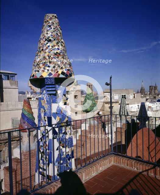 Chimneys on the roof of the Güell Palace 1886-1890, designed by Antoni Gaudí i Cornet, renovated …