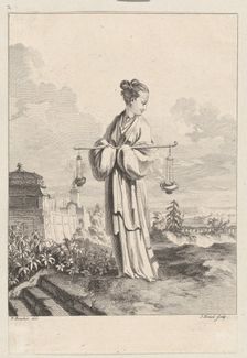 Chinoiserie with a female figure holding burning perfumes, from Suite de Figures Chinoi..., 1755-76. Creator: Jean-Pierre Houel